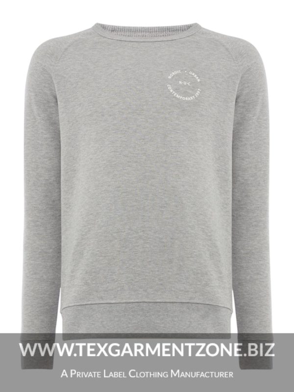 Light Grey Mens Crew Neck Printed Sweater - Mens Light Grey Chest Printed Pullover Sweater Jumper