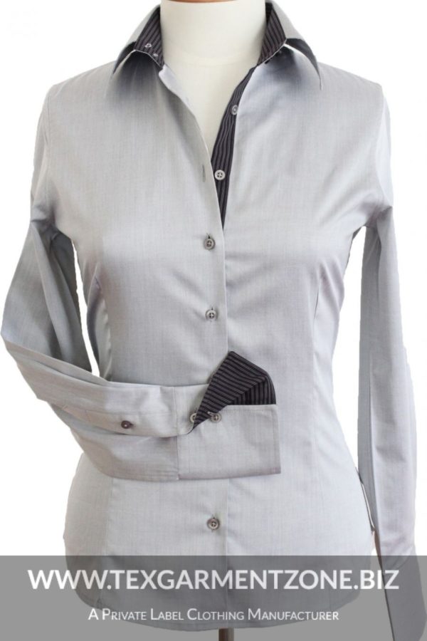 grey uniform corporate ladies shirt women 600x900 - Women's Grey Sateen Corporate Shirt with Black Pin Stripe Contrast